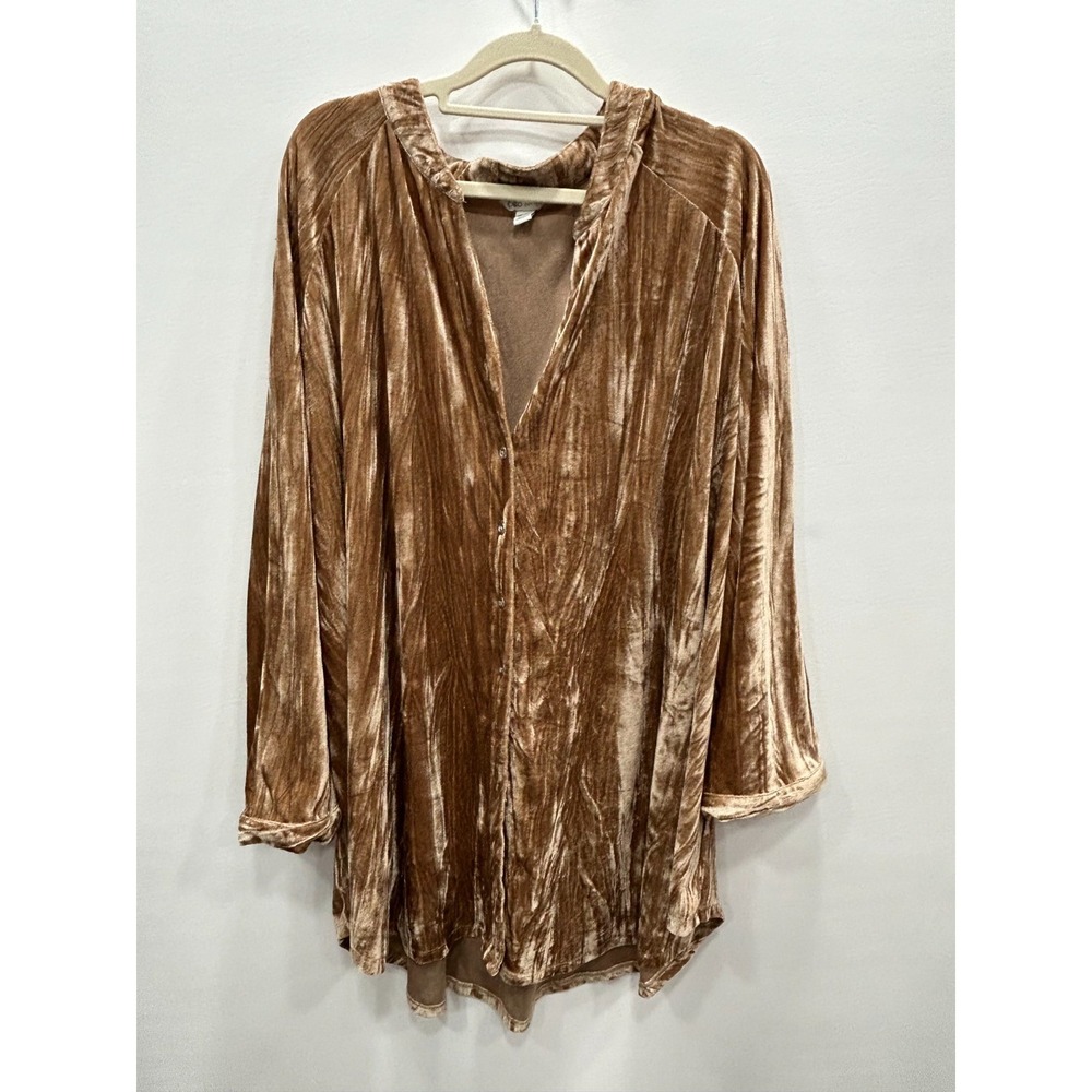 Cato Velvet Blouse Womens 26/28W Gold V Neck Button Front Boho Top Lagenlook